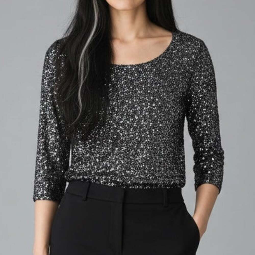 J. Crew Metallic Sparkly Sequin 3/4Sleeve Stretch Blouse Boatneck 2 Black Silver